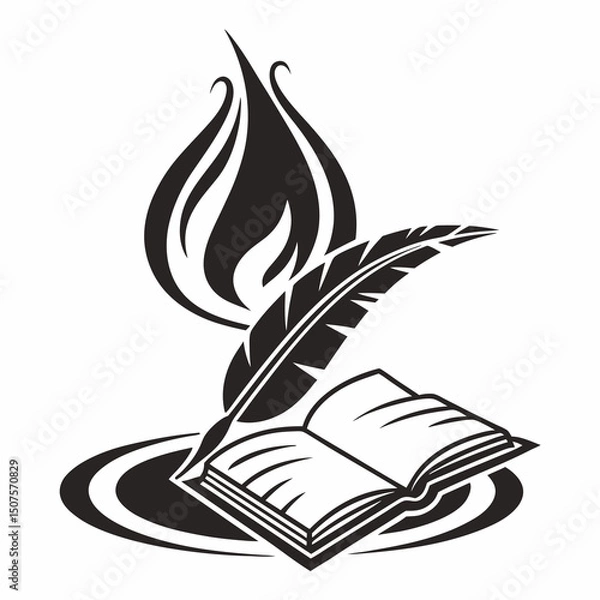 Fototapeta Open book with feather pen and flame symbolizing creativity in black and white
