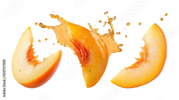 Fototapeta peach wedges mid-air with juicy golden-orange splashes, skin and pulp details popping, soft and refreshing, isolated on transparent background, png cutout