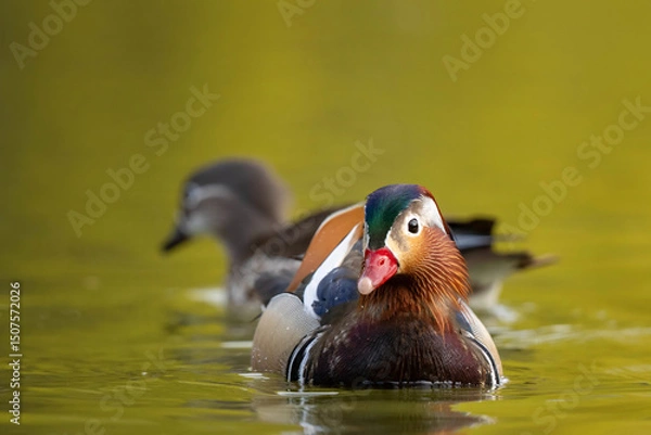 Fototapeta Stunning Mandarin Duck (Aix galericulata) Swimming on Tranquil Lake in Golden Hour Light.