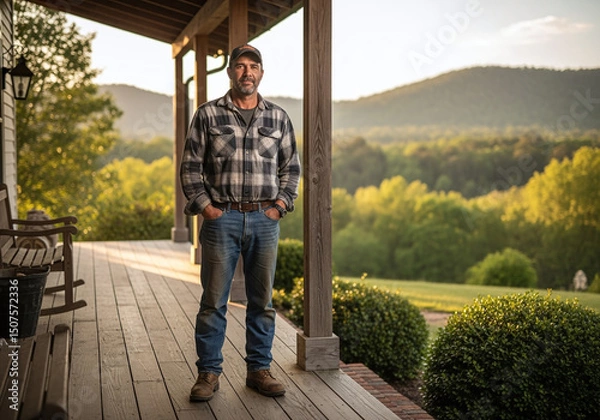Fototapeta Farmer Standing on Porch with Mountain View