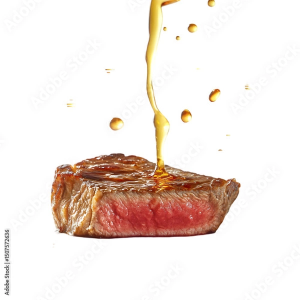 Fototapeta perfectly cooked medium-rare steak with sauce splashing off in all directions, crispy edges, and tender red center, vibrant oil droplets flying, isolated on transparent background, png cutout