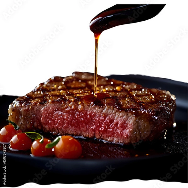 Fototapeta perfectly cooked medium-rare steak with sauce splashing off in all directions, crispy edges, and tender red center, vibrant oil droplets flying, isolated on transparent background, png cutout