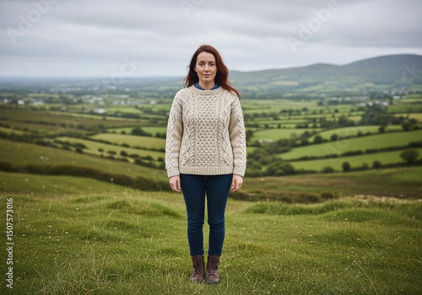 Fototapeta Woman in Aran Sweater Stands in Irish Countryside