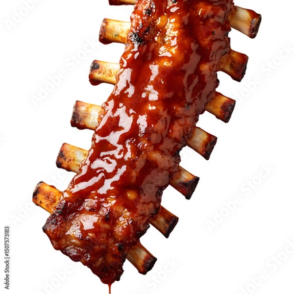 Fototapeta rack of tender ribs suspended in mid-air, barbecue sauce splashing out in large droplets, juicy glaze dripping down with spicy red hues, isolated on transparent background, png cutout