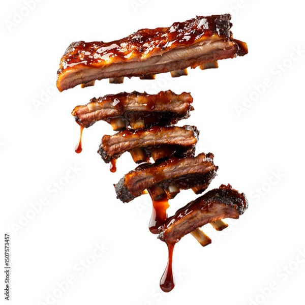 Fototapeta rack of tender ribs suspended in mid-air, barbecue sauce splashing out in large droplets, juicy glaze dripping down with spicy red hues, isolated on transparent background, png cutout
