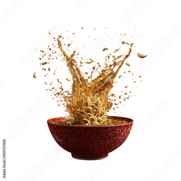 Fototapeta ramen bowl with noodles suspended mid-air, broth splashing with fresh garlic, sesame oil, and chili flakes flying, rich texture and steam rising, isolated on transparent background, png cutout