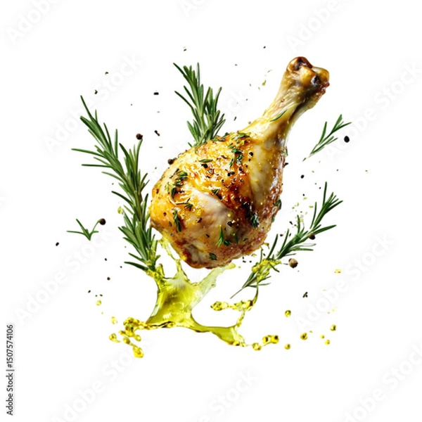 Fototapeta roasted chicken drumstick with rosemary and thyme herbs flying around, olive oil splashing on the meat, vivid contrast of greens and gold, isolated on transparent background, png cutout