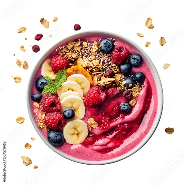 Fototapeta smoothie bowl with fresh fruits, granola, and a burst of yogurt splashing around, vibrant colors of berries, bananas, and nuts, isolated on transparent background, png cutout