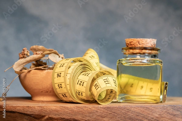 Obraz a bottle of linden essential oil with fresh linden flowers on a wooden background.