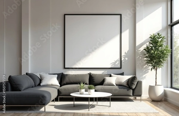 Fototapeta Modern living room interior with blank wall decor. Empty frame for product presentation mock up. Gray sofa with pillows, white round table. Home office design with plants, window sunlight.