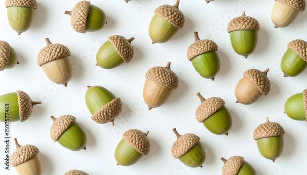Obraz several acorns arranged in an organized manner on a white surface