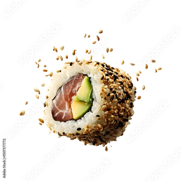 Fototapeta sushi roll with tuna and avocado, suspended mid-air with soy sauce splashing in all directions, fresh, glossy fish and vibrant rice flying around, isolated on transparent background, png cutout