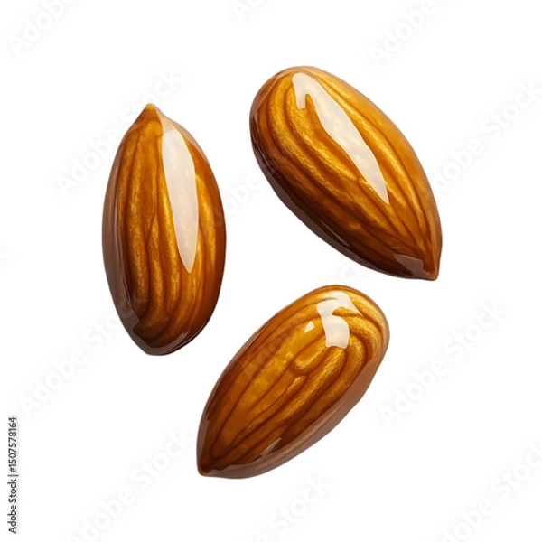 Fototapeta ultra-detailed close-up of golden roasted almonds with a subtle caramel glaze, luxury lighting effect, minimal shadow below, crisp shell texture, isolated on transparent background, png cutout