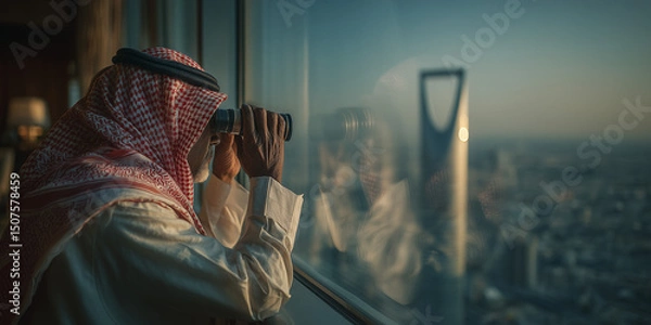 Obraz Saudi senior man using goole through a glass window, vision concept
