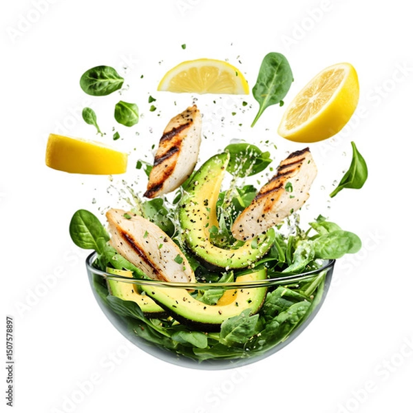 Fototapeta vibrant salad with sliced avocado, spinach, and grilled chicken flying in the air, with a burst of lemon vinaigrette splashing all around, fresh and healthy, isolated on transparent background, png cu