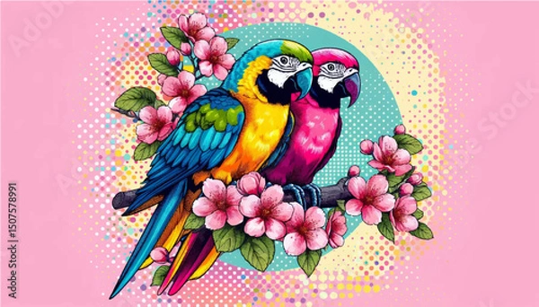 Fototapeta Macaw parrots sitting on a flowering branch color postcard. An illustration in the offset printing style. Vector graphics. EPS.