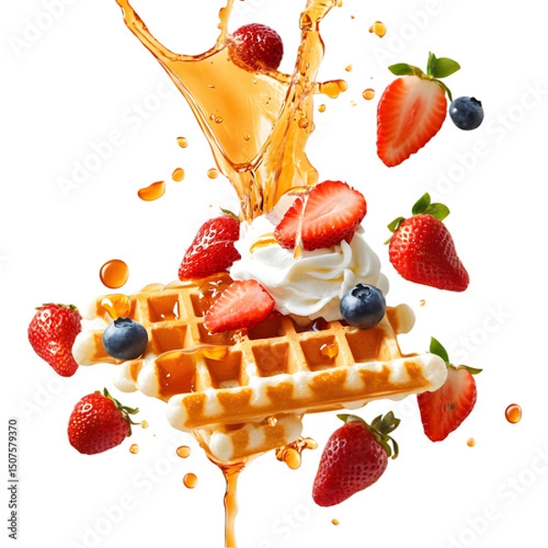 Fototapeta waffle with syrup, whipped cream, and fruit flying in mid-air, fresh strawberries, blueberries, and syrup splashing around, golden crisp texture, isolated on transparent background, png cutout