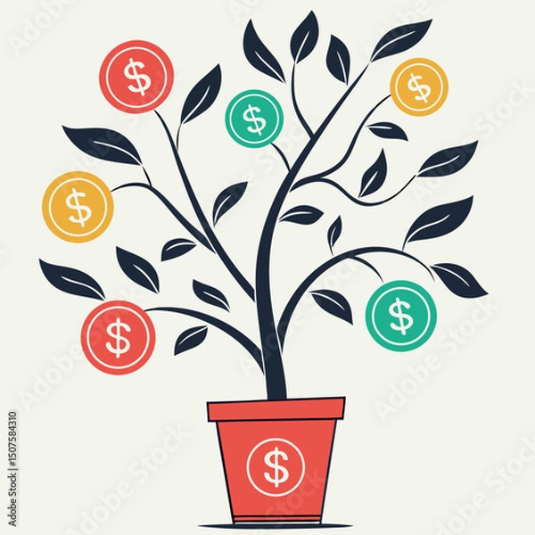 Fototapeta A tree with money symbols symbolizing wealth and prosperity on a white background with a copy of space