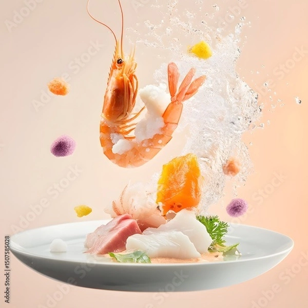Fototapeta Shrimp and prawns are flying in the air with water splash. seafood concept