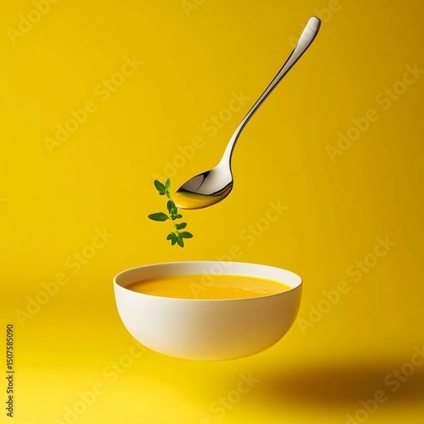 Fototapeta Pumpkin soup in a bowl with a spoon on a yellow background.
