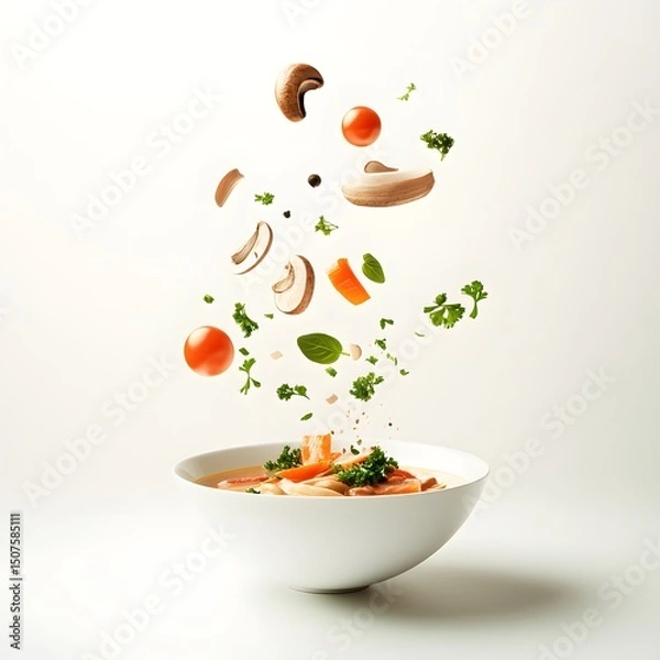 Fototapeta Mushroom soup with flying ingredients in white bowl on white background