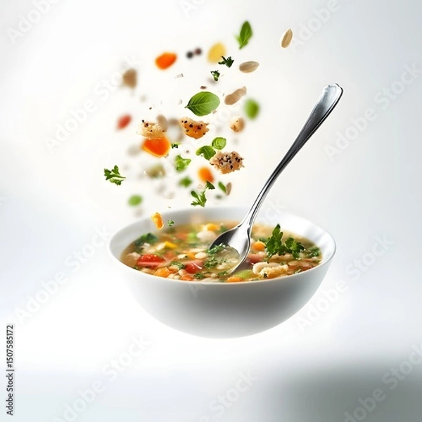Fototapeta vegetable soup in a bowl with spoon. Vegetable soup in white bowl with flying ingredients, close up