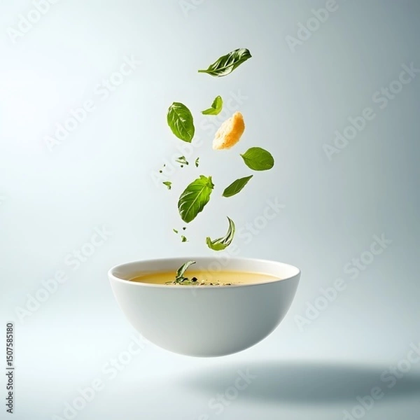 Fototapeta Flying green fresh basil leaves in a white bowl of stock soup on a gray background.