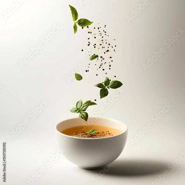 Fototapeta Fresh basil leaves falling into a bowl of stock soup on a white background