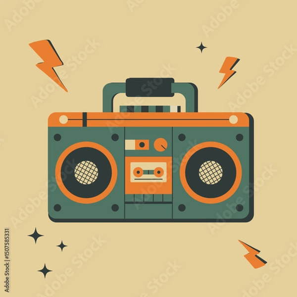 Obraz Retro boombox cassette player with vintage colors and bold graphic style. Perfect for 80s music themes, party vibes, and nostalgic design.