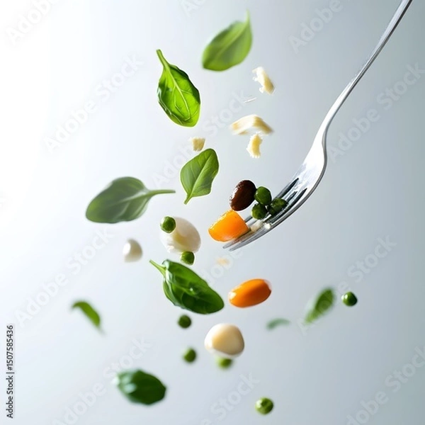Fototapeta Spices and food ingredients falling from a fork on white background. Concept of healthy eating.