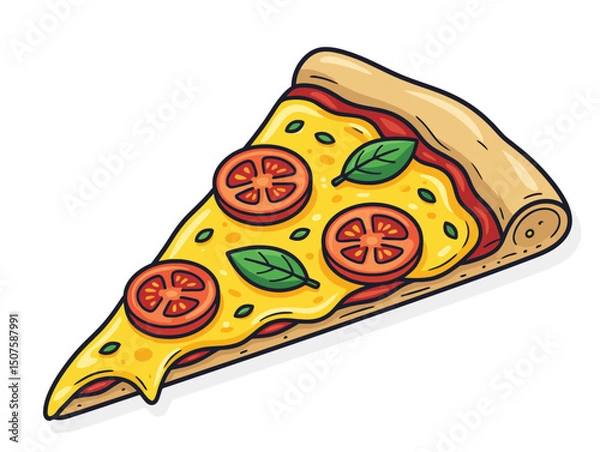 Fototapeta A slice of delicious pizza, adorned with fresh tomatoes and basil, ready to enjoy. Perfect for food-related projects and more. Vector illustration. 