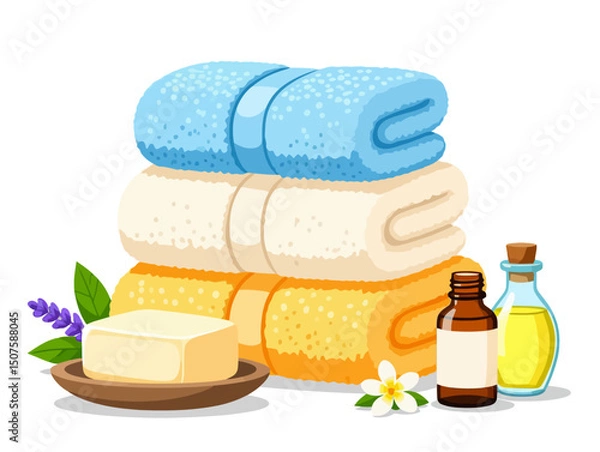 Fototapeta An inviting spa scene with neatly stacked towels, soap, essential oils, and a delicate flower for relaxation and self-care. Vector illustration. 