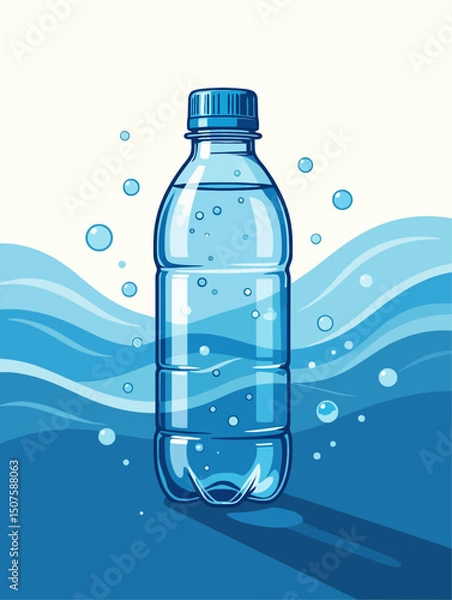 Fototapeta A refreshing vector illustration of a full bottle of water, with bubbles and waves in the background, ideal for healthy living.