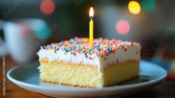 Obraz Birthday cake slice with candle (1)