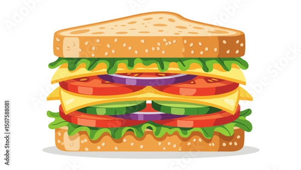 Fototapeta A vibrant vector illustration of a layered sandwich bursting with fresh vegetables and cheese, perfect for a healthy lunch.