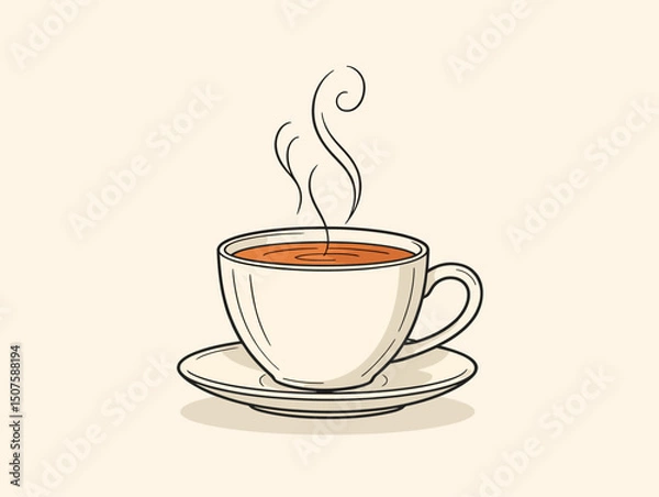 Fototapeta A cup of tea, steaming, sits on a saucer, with an illustration-style design in a cream color. Vector illustration