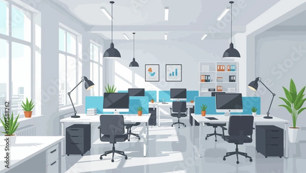 Fototapeta A bright and modern office space with desks, computers, and office chairs, ready for employees to start working. Vector illustration