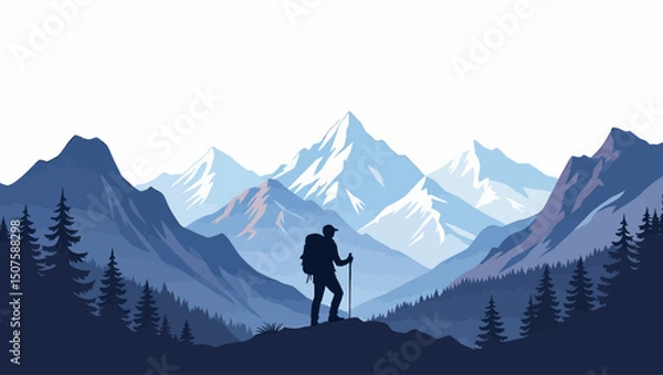 Fototapeta A lone hiker stands, gazing upon a stunning mountain vista in this minimalist, artistic illustration. This depicts exploration and the beauty of nature. Vector illustration