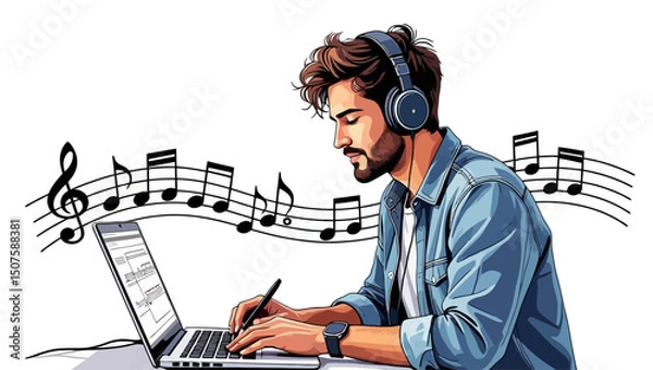 Fototapeta A man composes music on his laptop, wearing headphones, with musical notes in the background, artistic rendering. Vector illustration
