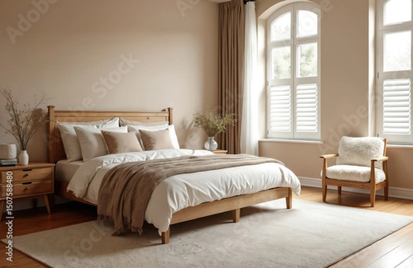 Fototapeta Cozy bedroom interior design. Modern wood furniture, soft carpet. Comfortable bed with pillows, armchair near window. Neutral beige tones create relaxing atmosphere for rest.
