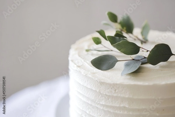 Obraz Elegant white frosted cake with eucalyptus garnish