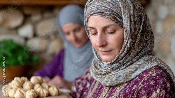 Fototapeta cultural celebrations, women in middle eastern kitchen, making traditional sweets for hijri new year, in festive and modest attire