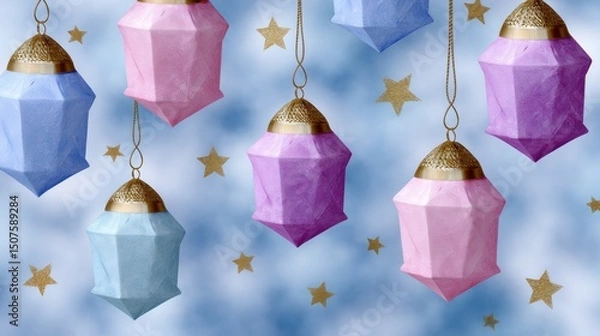 Fototapeta islamic new year design, soft pastel tones create a watercolor-style seamless pattern with lanterns, stars, and subtle arabic calligraphy motifs for modern hijri new year decor