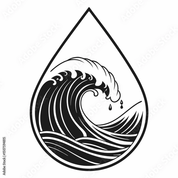Fototapeta Stylized water droplet featuring dynamic waves inside representing nature and fluidity in black and white