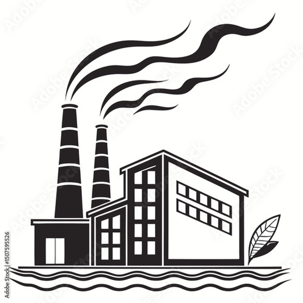 Fototapeta Industrial factory with smokestacks and waves, symbolizing production and environment in black and white
