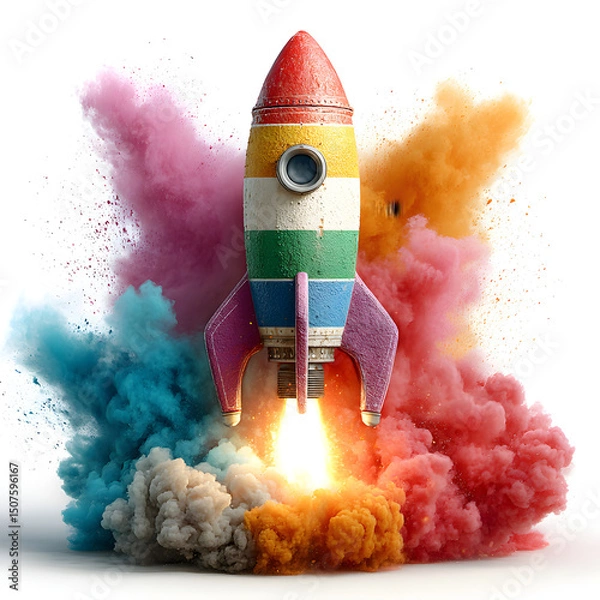 Fototapeta Graffiti-style rocket launch with rainbow-colored smoke, isolated on white background