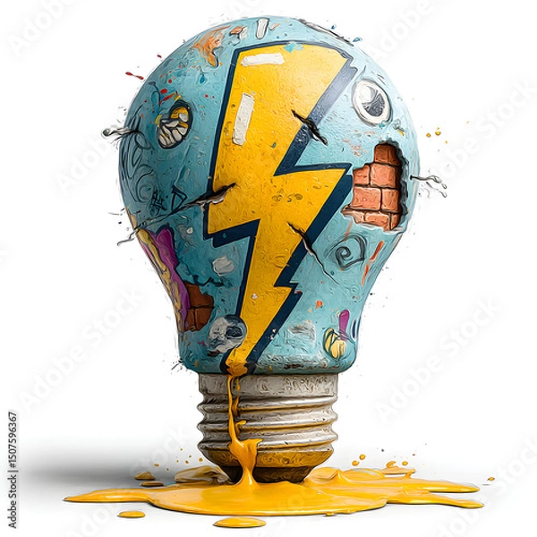 Fototapeta Graffiti-style lightbulb with lightning bolts and creative chaos, isolated on white background