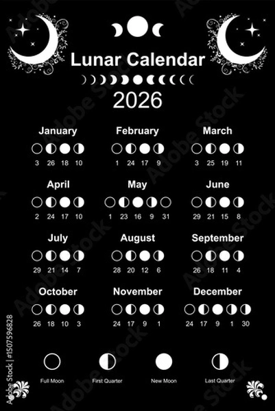 Fototapeta Moon calendar 2026 and Moon Phases. Lunar phases schedule and cycles, poster template design printable in black and white color, wiccan style vector illustration isolated on black background