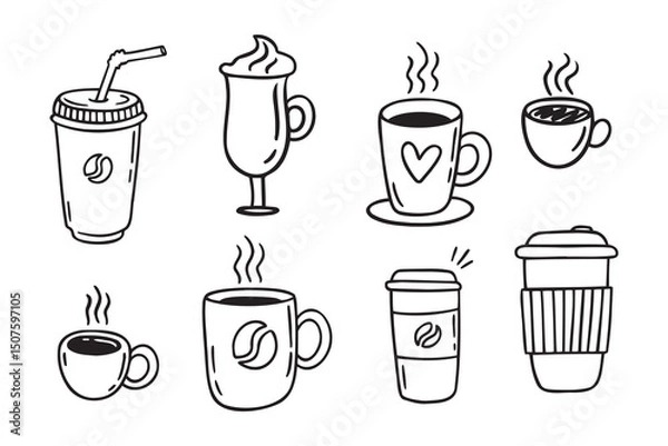 Obraz Coffee cups doodle set. coffee cup hand drawn line signs. Outline coffee cups