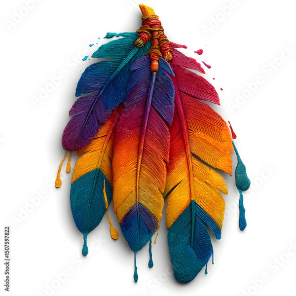 Fototapeta Graffiti-style dreamcatcher with floating paint feathers, isolated on white background